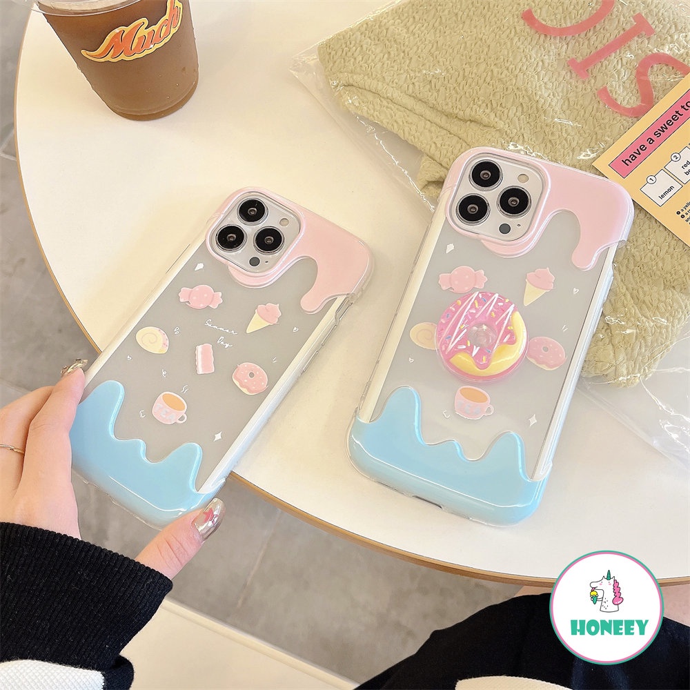 IPHONE Lucu 3D Donat Holder Stand Melted Ice Cream Soft Phone Case Untuk Iphone14 13 12 Pro Max11 Lovely Shockproof Back Cover