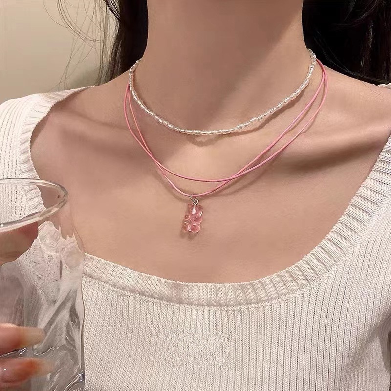 Papaozhu Dua Lapis Lucu Merah Muda Gummy Bear Liontin Mutiara Manik-Manik Choker Kalung Untuk Wanita Gadis Romantis Manis Jelly Beruang Kalung Fashion Tulang Selangka Rantai Perhiasan Hadiah