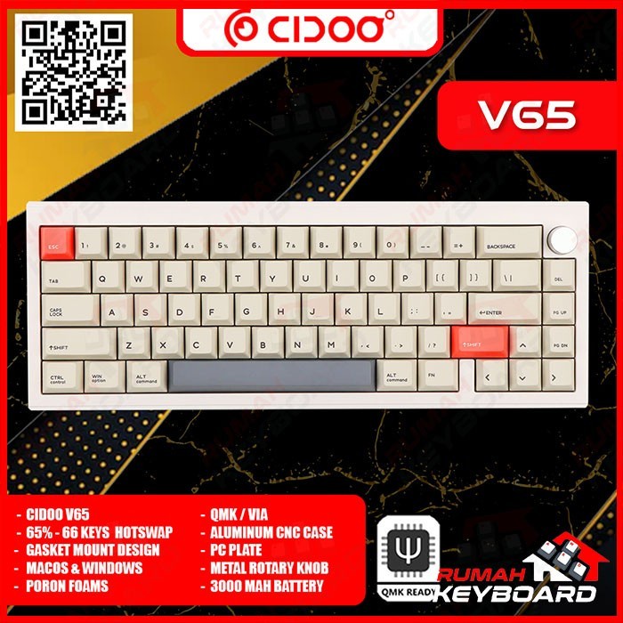 MECHANICAL KEYBOARD - CIDOO V65 - 66 KEYS - GASKET - SOUTH - KEYBOARD - GREY