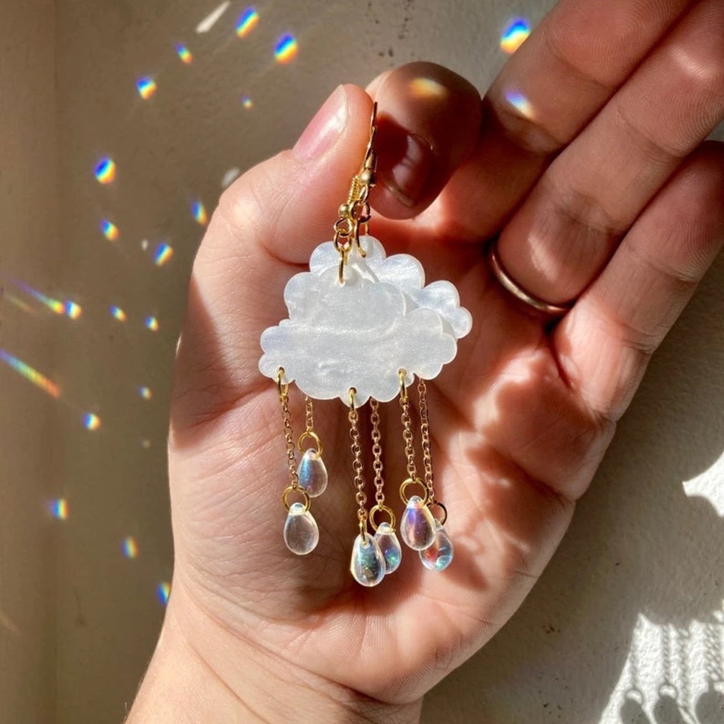 Raindrop Cloud White Crystal Droplet Rumbai Menjuntai Anting Cloud Drop Earrings Fashion Berlebihan Awan Kristal Anting Panjang Awan Akrilik Dan Raindrops Menjuntai Earrings