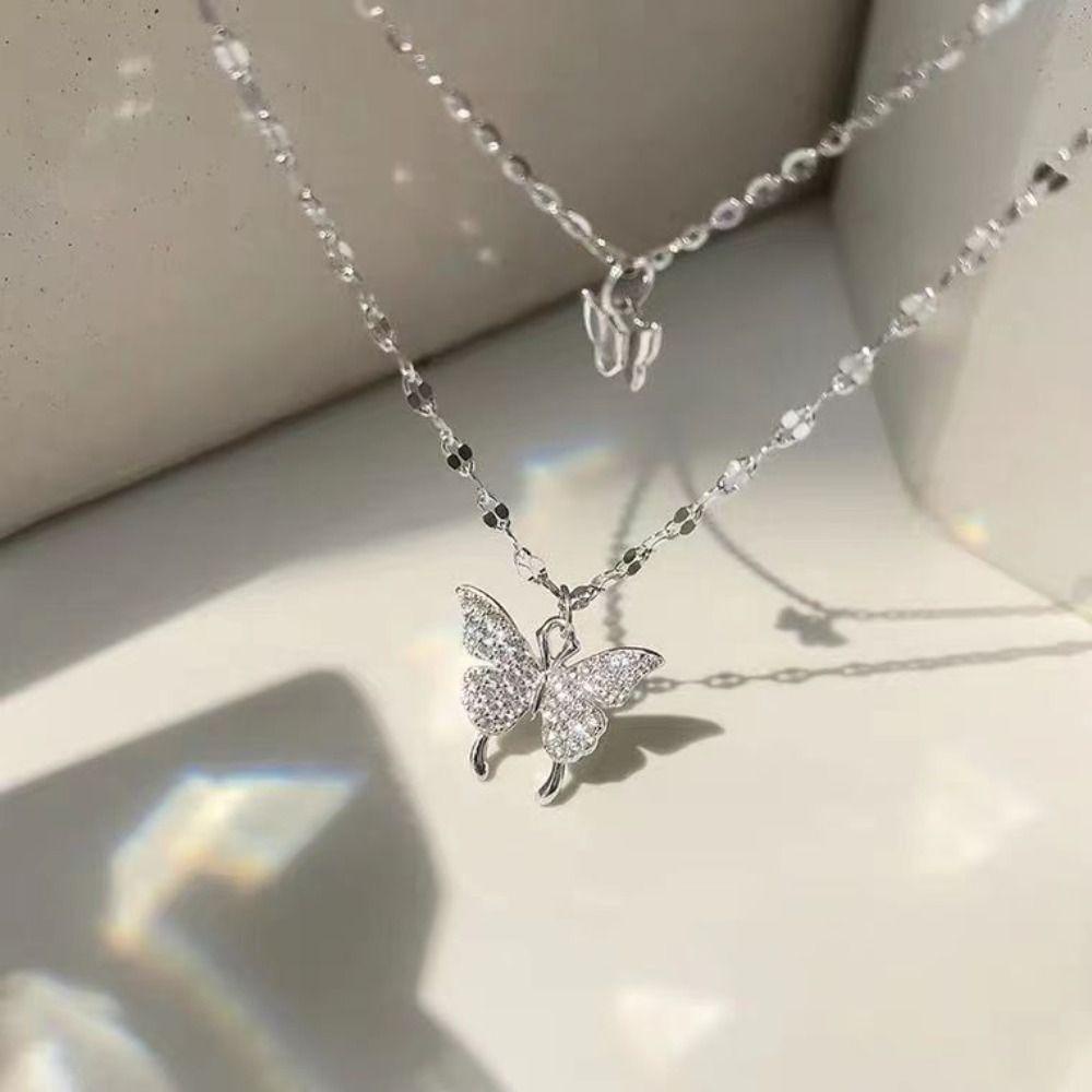 Lily Shiny Butterfly Necklace Rantai Klavikula Lapisan Ganda Mewah Ringan Baru Untuk Wanita