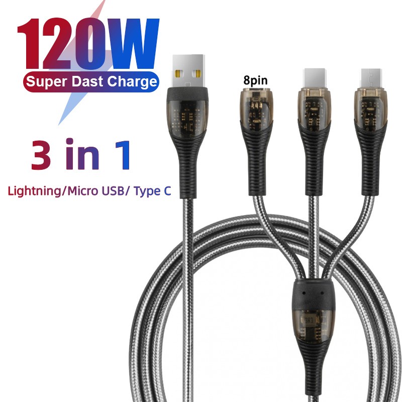 Kabel Data Transparan 120W Pengisian Super Cepat Satu Derek Tiga Kabel Data Untuk iPhone Android Phone Charging Cable