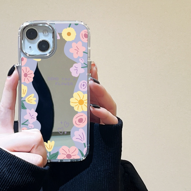 IPHONE Casing Ponsel Cermin Bunga Kartun Warna-Warni Kompatibel Untuk Iphone11 12 13 14 12Pro 13Pro 14Pro Pro Max XR X XS Max Electroplating Tombol Perlindungan Mirror Cover