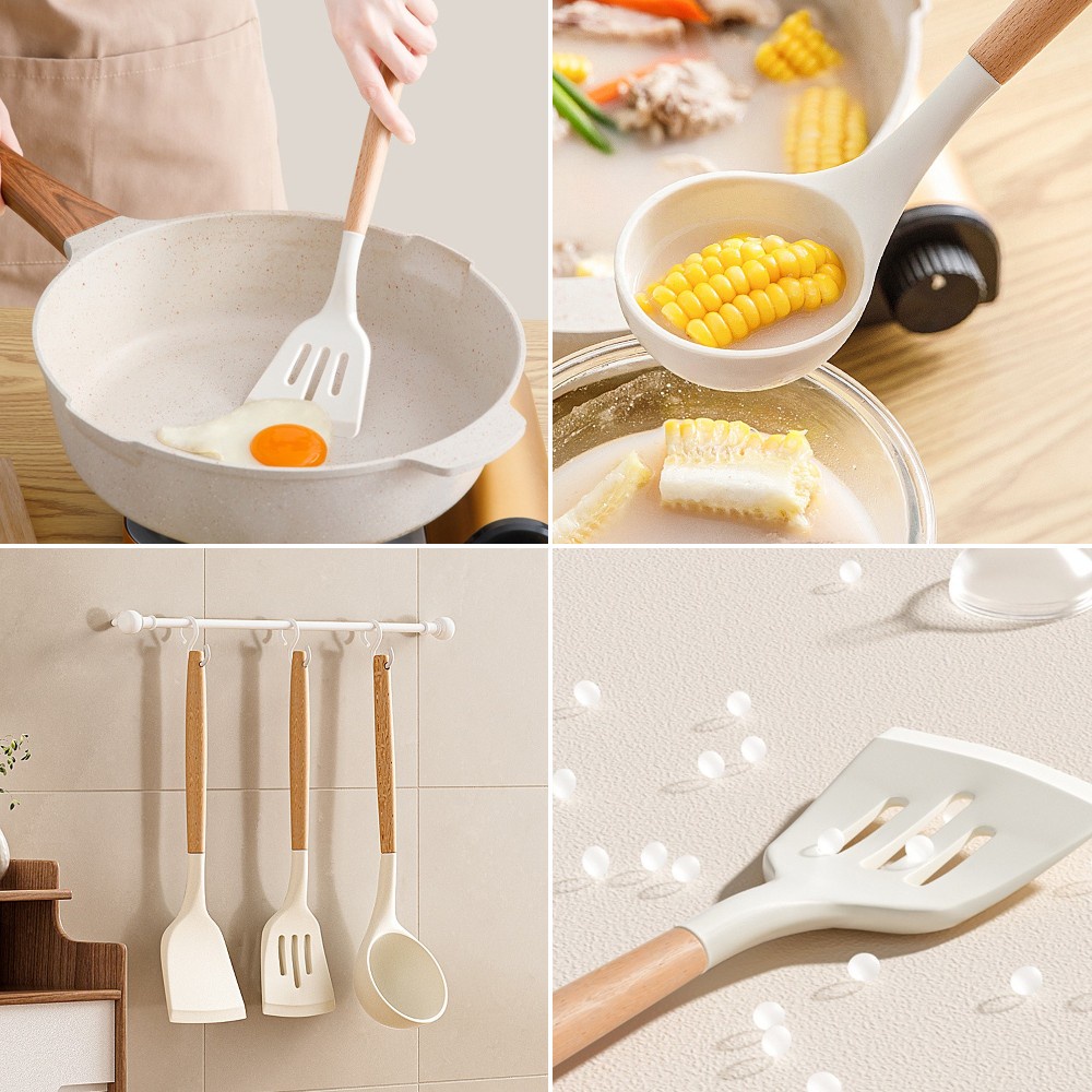 Spatula Silikon Food grade Untuk Permukaan Anti Lengket Rumah Tangga Tahan Suhu Tinggi Sekop Penggorengan Sendok Sup Peralatan Dapur set