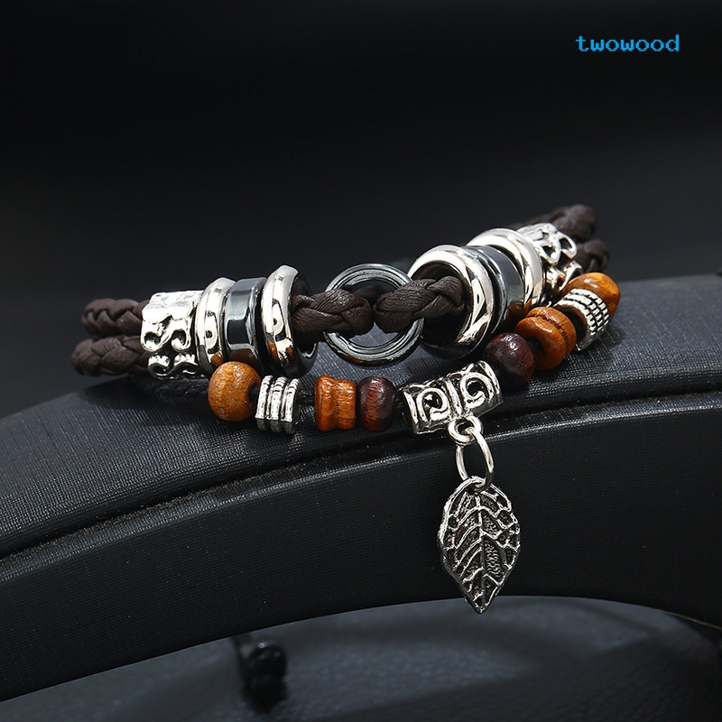 Twowood Kepribadian Fashion Kreatif multi-layer Anyaman Daun Liontin Pria Gelang Kulit