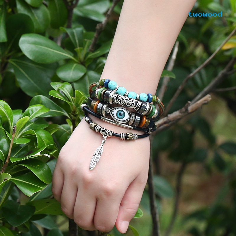 Twowood Multi-layered blue eyes Gelang Kulit Sapi Bulu Angin Etnik 5.5 Rambut Liontin Gelang Mahasiswa