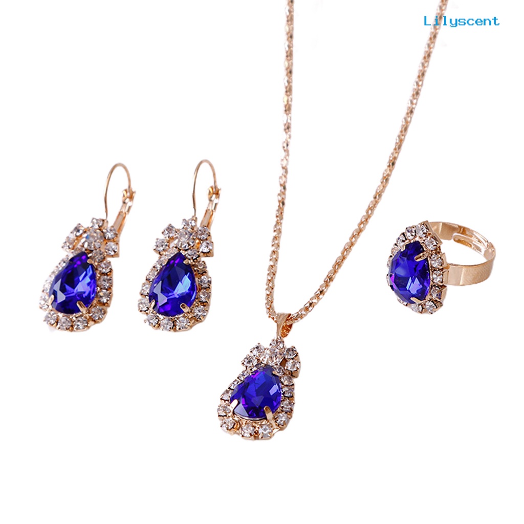 [LS]3Pcs /Set Wanita Tetesan Air Paduan Terang Berlian Imitasi Liontin Kalung Anting Cincin Set Perhiasan Untuk Hari Valentine