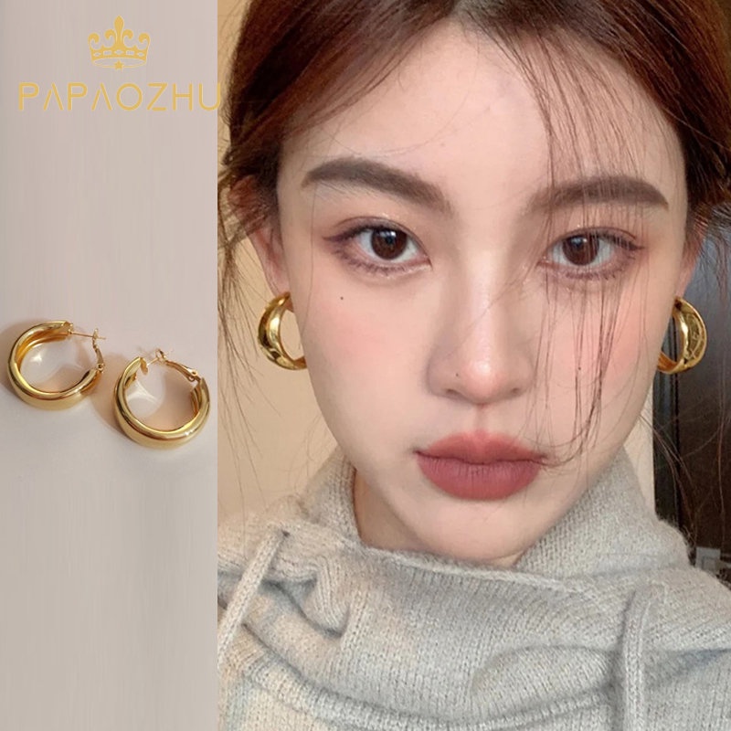 Papaozhu Vintage Emas Logam Besar Bulat Hoop Anting Untuk Wanita Gadis Chic Fashion Geometris Anting Kepribadian Telinga Perhiasan Pesta