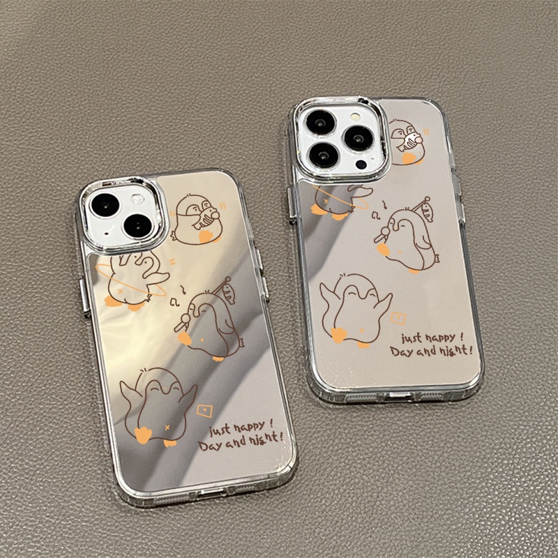 IPHONE Casing Ponsel Cermin Penguin Happy Kompatibel Untuk Iphone11 12 13 14 12Pro 13Pro 14Pro Pro Max XR X XS Max Electroplating Tombol Perlindungan Mirror Cover