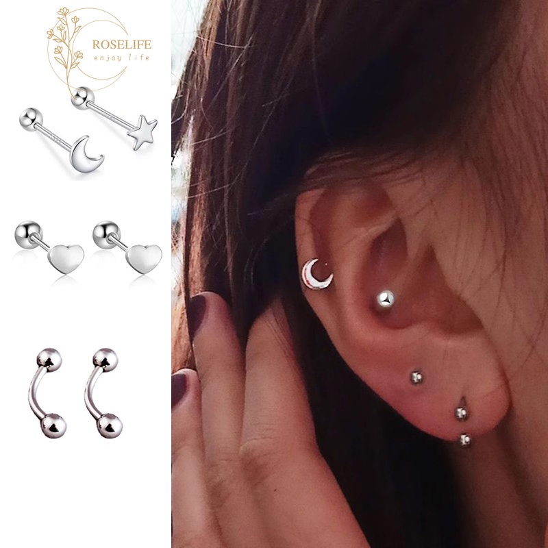 Roselife Korea S925 Perak Bulat Bola Sekrup Bulan Bintang Stud Anting-Anting Untuk Wanita Pria Hati Bunga Semanggi Tindik Tulang Rawan Anting-Anting Hypoallergenic Pick Gratis Telinga Perhiasan Aksesoris