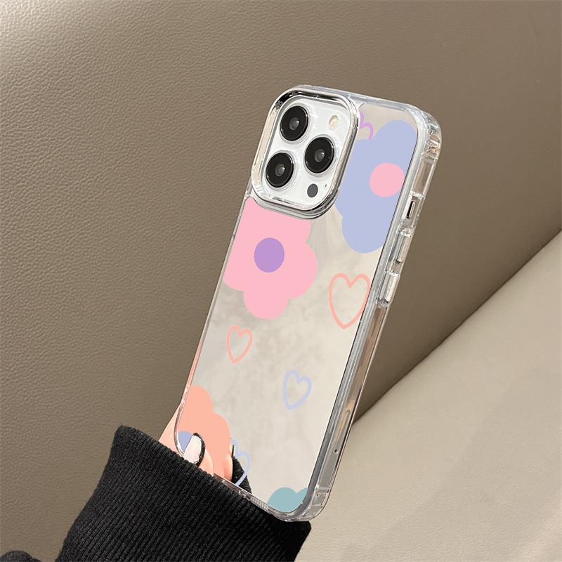 IPHONE Casing Ponsel Cermin Bunga Pink Biru Kompatibel Untuk Iphone11 12 13 14 12Pro 13Pro 14Pro Pro Max XR X XS Max Electroplating Tombol Perlindungan Mirror Cover