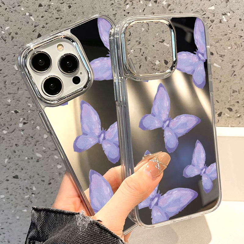 IPHONE Casing Ponsel Cermin Kupu-Kupu Ungu Kompatibel Untuk Iphone11 12 13 14 12Pro 13Pro 14Pro Pro Max XR X XS Max Electroplating Tombol Perlindungan Mirror Cover