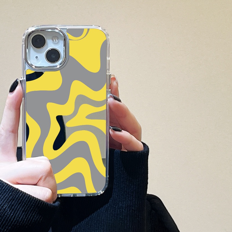 IPHONE Art Bright Yellow Painting Mirror Phone Case Kompatibel Untuk Iphone11 12 13 14 12Pro 13Pro 14Pro Pro Max XR X XS Max Electroplating Tombol Perlindungan Mirror Cover