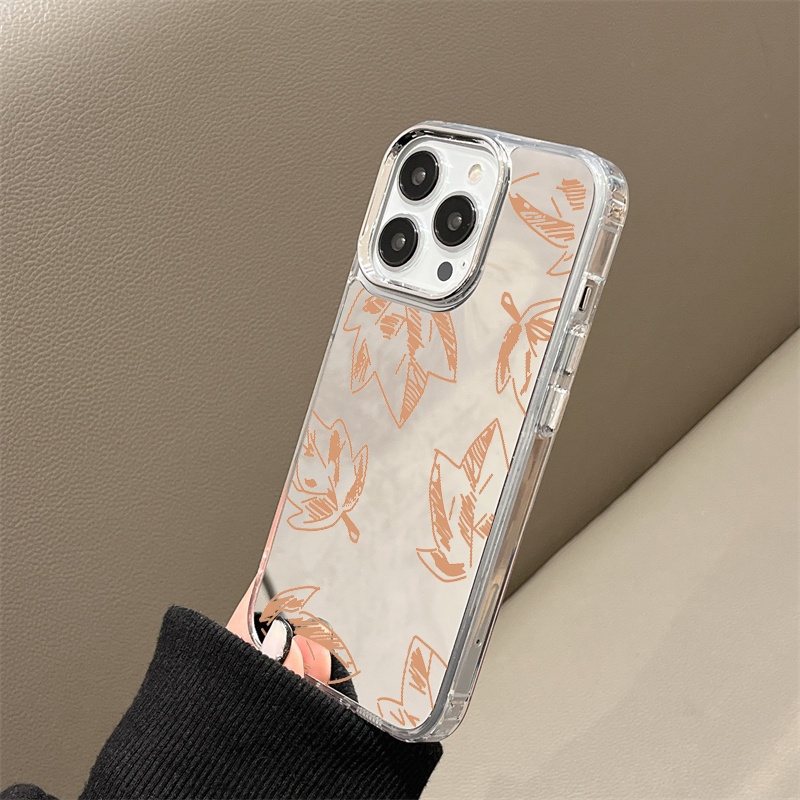 IPHONE Maple Leaves Mirror Phone Case Kompatibel Untuk Iphone11 12 13 14 12Pro 13Pro 14Pro Pro Max XR X XS Max Electroplating Tombol Perlindungan Mirror Cover