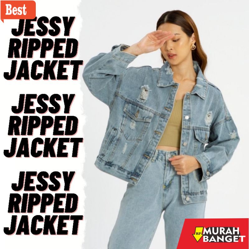 Jaket denim wanita terbaru- Jessy Jaket Jeans Ripped Sobek Wanita Kekinian Oversize