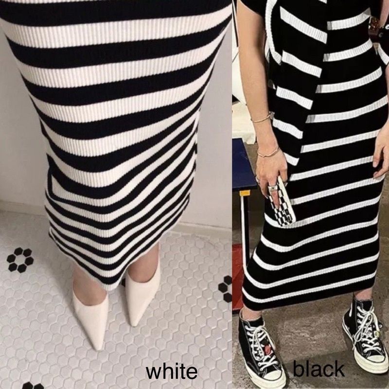 (R270) Rib midi skirt knit motif stripe 70cm / rok rajut midi garis