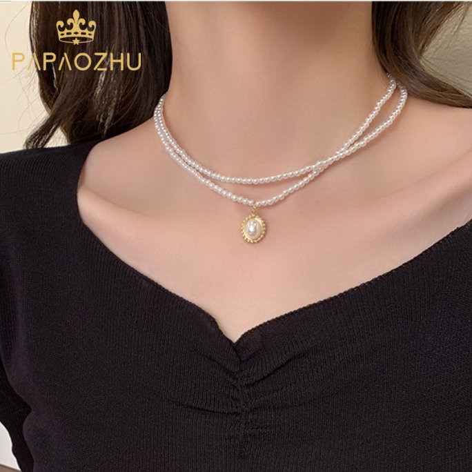 Papaozhu Klasik Double Layer Pearl Beads Choker Necklace Untuk Wanita Gadis Vintage Gaya Istana Pearl Necklaces Dinner Pesta Jewelry