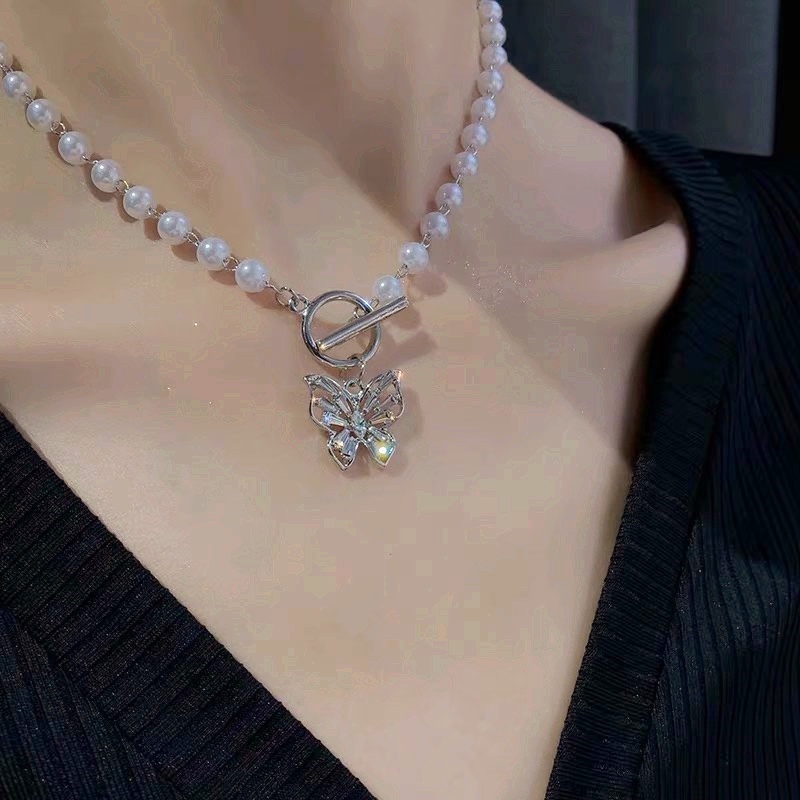 Ins Gaya Influencer Gaya Yang Sama Berlian Imitasi Mutiara Perak Kupu-Kupu choker Retro Baroque Klavikula Rantai Kalung Necklace