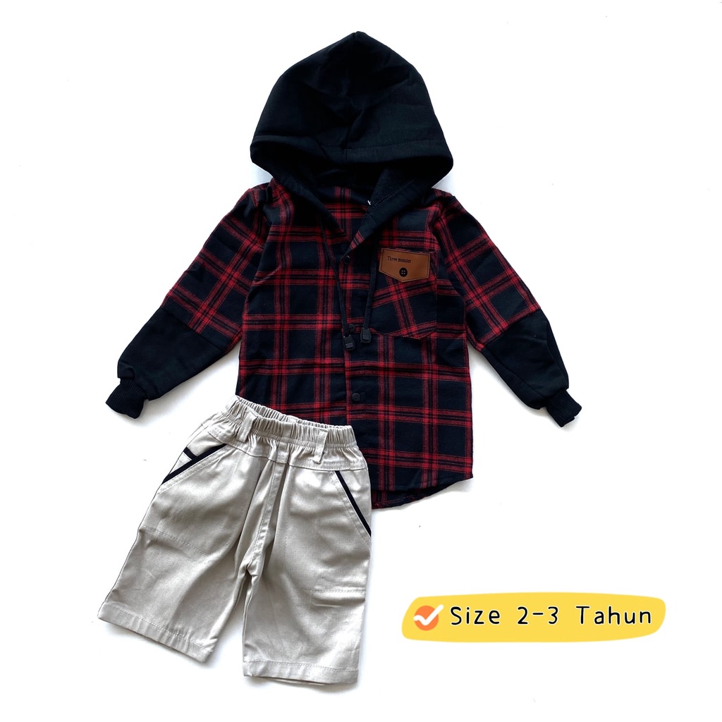 Setelan Hoodie Flanel Anak Celana Pendek Chinos Katun Laki Laki Cowok 2-4 Tahun