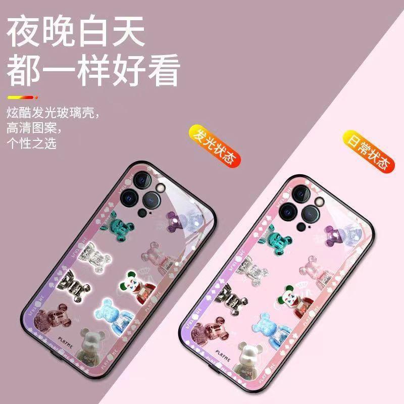 IPHONE Kaca luminous LED bear Animasi Kartun Casing Ponsel Dengan Lampu Panggilan Masuk Casing Ponsel Iphone12 13 14 Pro Max