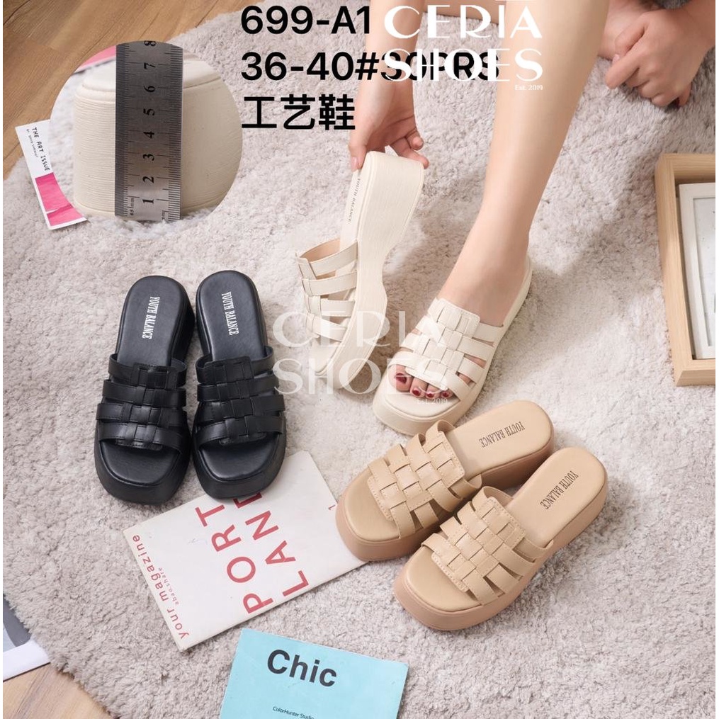 Sandal Slop Wanita Karet Jelly Import Wedges Premium Model Anyam Kokop Hak Tebal 6 Cm Bahan Empuk BALANCE 699