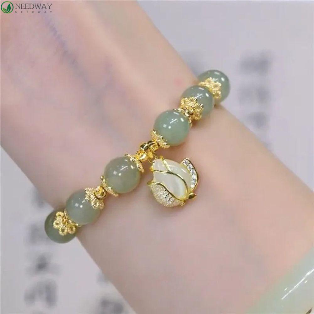 NEEDWAY Gelang Giok Handmade Perhiasan Hadiah Pacar Aksesoris Pakaian Manik Giok Aprikot Daun Alloy Gaya Korea Bracelet