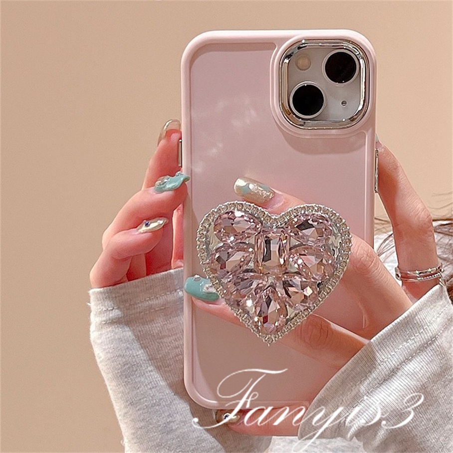 Compatible For iPhone 14 13 12 11 Pro Max X XR Xs Max 8 7 Plus Kompatibel Untuk Pink Kristal Love Phone Case Lembut Cover Pelindung Dengan Bracket