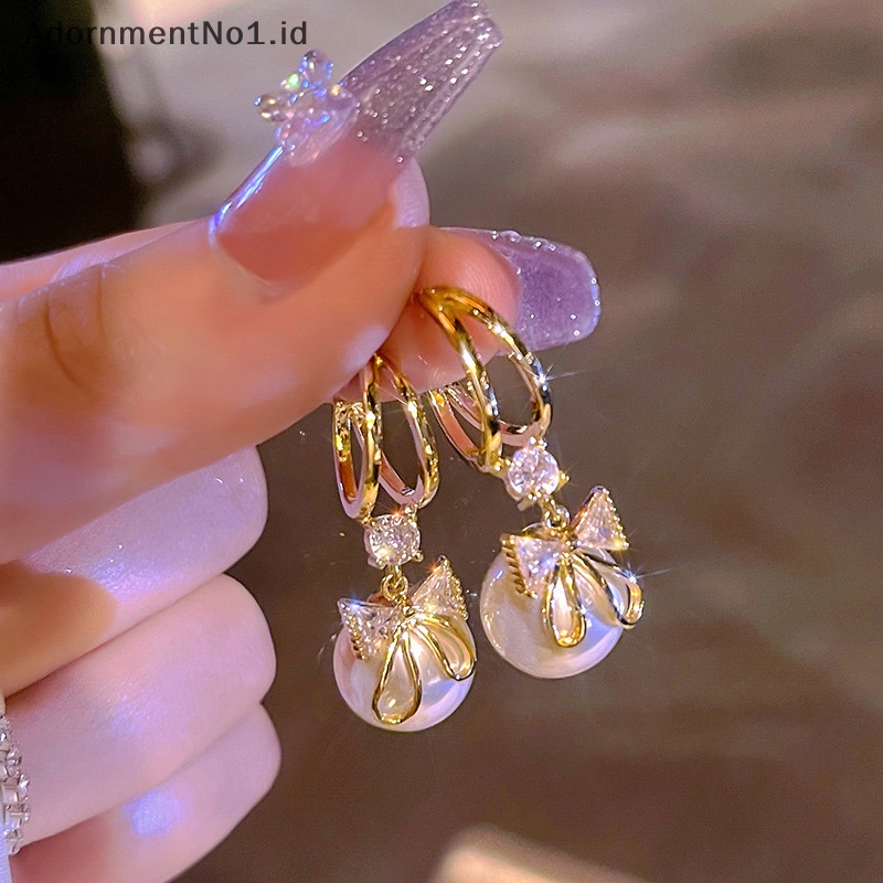 [AdornmentNo1] Exquisite berlian imitasi mutiara busur anting Stud untuk wanita rumbai anting pengantin perhiasan pesta pernikahan