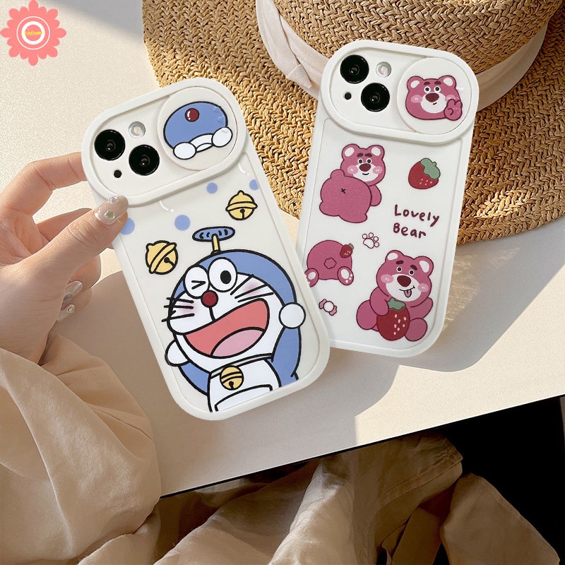 Strawberry Bear Lotso Cartoon Case Compatible for IPhone 11 7Plus XR 13 12 Pro Max 8Plus X XS Max Push Pull Window Lovely Doraemon Funny Dinosaur Camera Lens Protector Cover