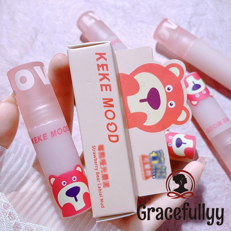 [COD]KEKEMOOD Lip Gloss Strawberry Bear Lip Glaze Matte Moisturizing Lip Mud Tahan Air Tahan Lama-GY