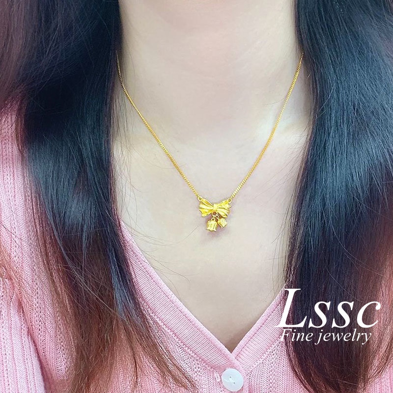 Kalung Titanium Anti Karat Bunga Pita Aesthetic Korea Cantik Emas 18K Aksesoris Wanita Perhiasan