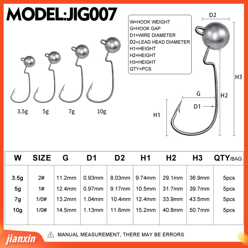 (In Stock) 5Pcs 3.5g /5g /7g /10g Umpan Pancing Tajam Mudah Digunakan Metal Offset Head Ball Jig Hook Untuk Air Asin