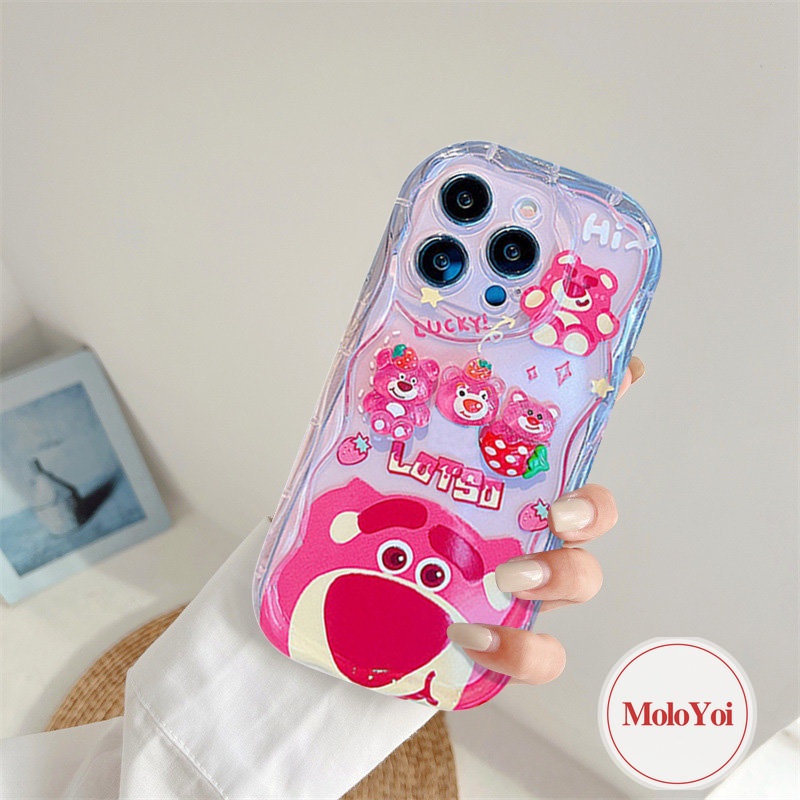 3D Wavy Curved Edge Glossy Soft Case Compatible for iPhone XR XS X Max 7Plus 11 12 14 13 Pro Max 7 6 8 6s Plus SE 2020 3D Cartoon Cute Doll Strawberry Bear Lotso Phone Cover