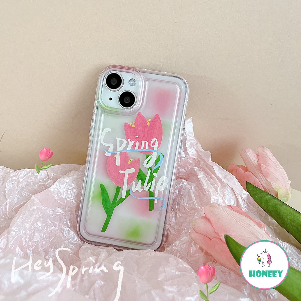 Spring Pink Tulip Phone Case Kompatibel Untuk iPhone 14 Pro 13 12 11 Pro Max XR XS 7 8plus Transparan Anti-Drop Airbag Cover