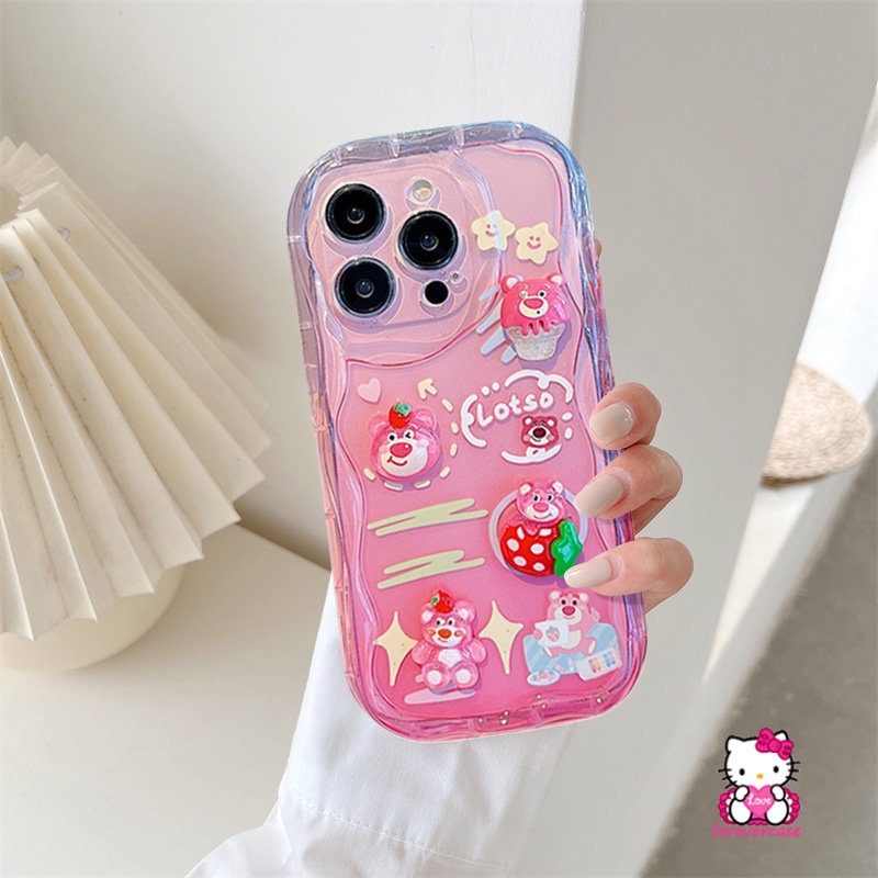 Cartoon 3D Wavy Curved Edge Soft Glossy Case Compatible for iPhone XR XS X Max 11 13 12 14 Pro Max 7Plus 8 6 6s 7 Plus SE 2020 3D Cute Doll Strawberry Bear Lotso Phone Cover