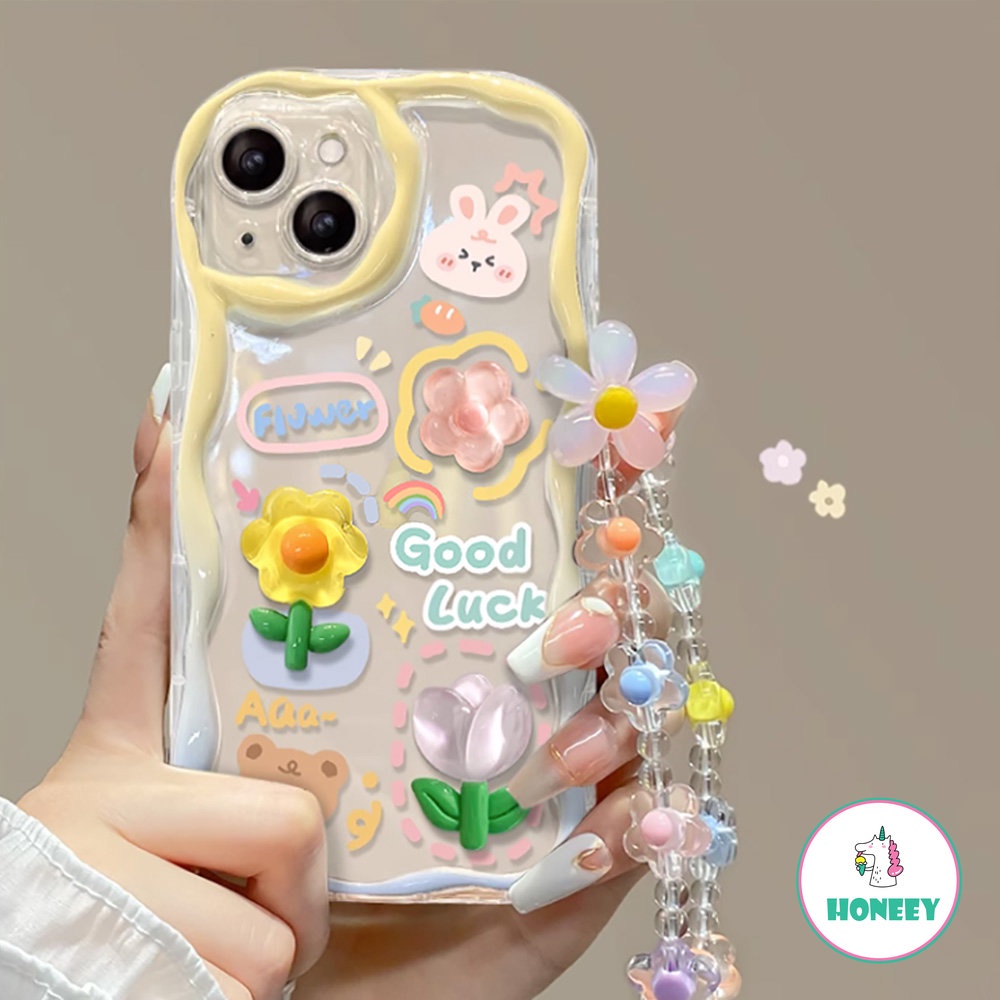 IPHONE Korea 3D Beruang Kelinci Bunga Telepon Rantai Lanyard Bening Soft Case Untuk Iphone11 14 Pro Max12 13 Pro Max Mewah Lucu Penutup Belakang