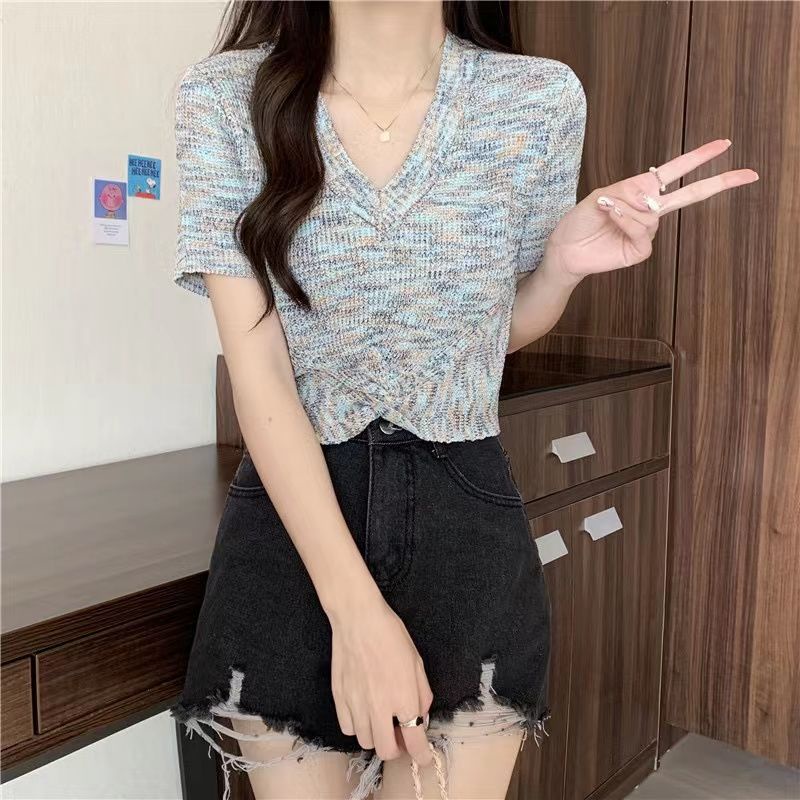 Atasan Wanita Rajut Summer Bunga Lengan Pendek Crop Top