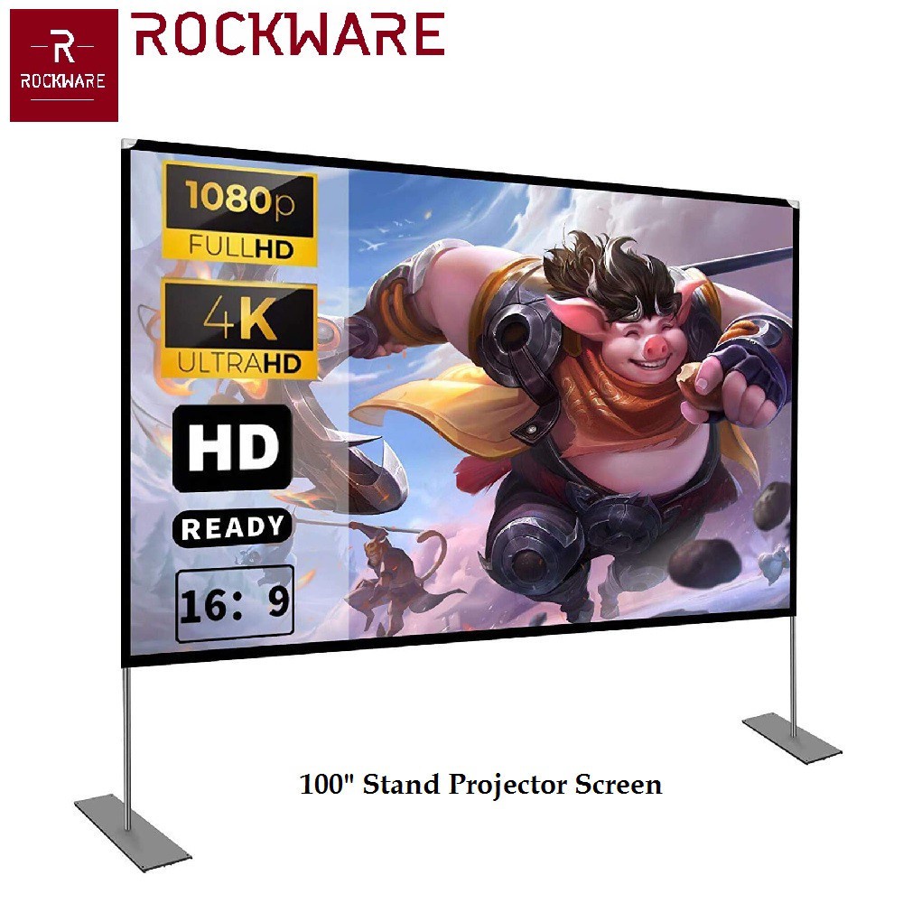 AKN88 - ROCKWARE Stand Projector Screen 100-inch Layar Proyektor Polyester