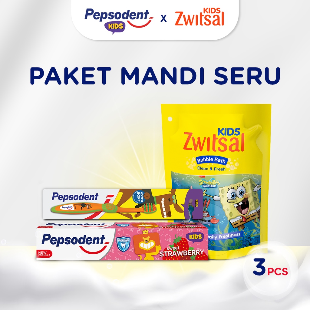 [PAKET MANDI SERU] Pepsodent Toothbrush Kids 1PC + Pepsodent Toothpaste Kids 45G + Zwitsal Kids Bubb