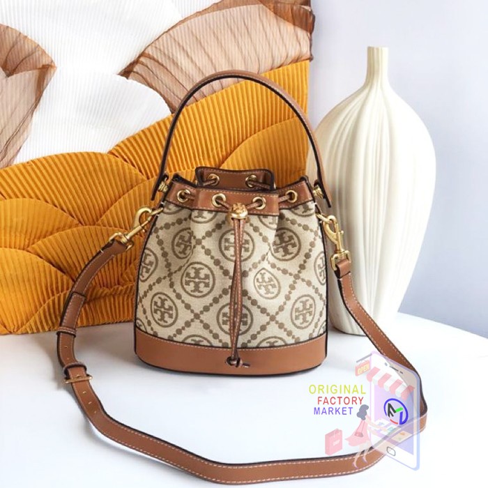 Tas TORY BURCH T Monogram Jacquard Bucket Bag Hazelnut 79487 TB VS