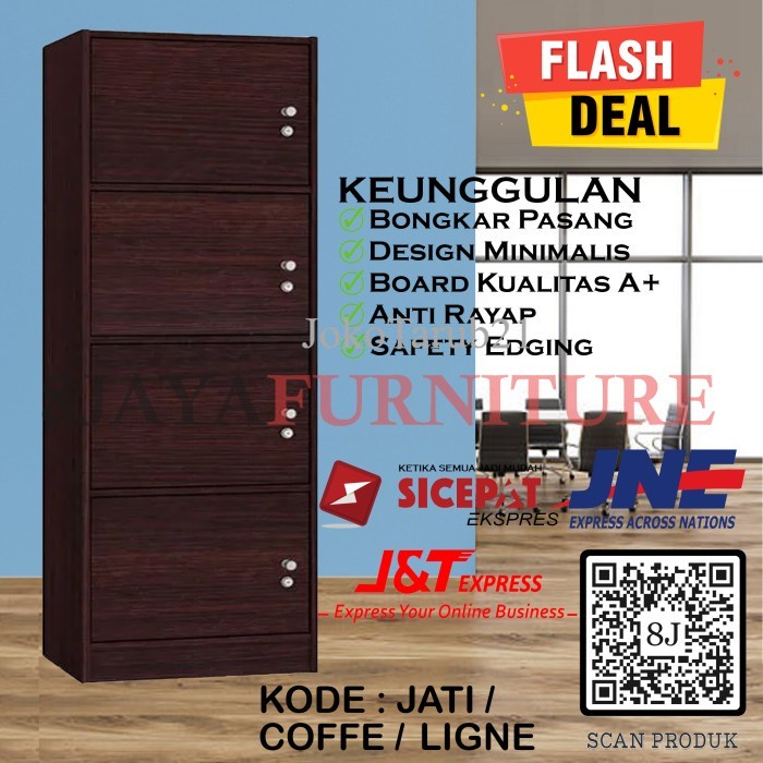 Rak Lemari Buku Pakaian Kayu Serba Guna 4 Pintu Full Kunci Multifungsi - JATI, NON PACKING murah