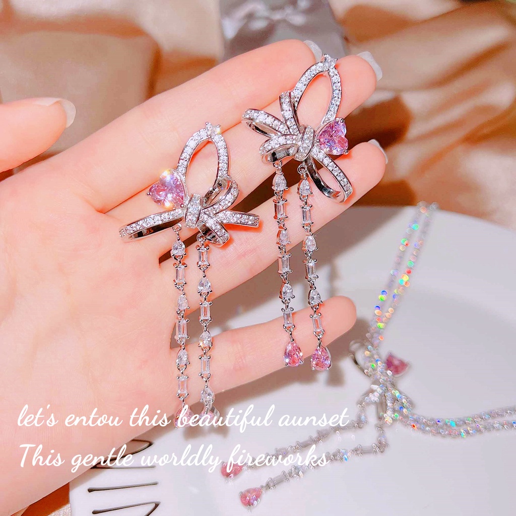 Goldkingdom Aksesoris Perhiasan Fashion Ready Stock Desainer Cinta Busur Rumbai Set, Anting Kupu-Kupu Peri Super, Kalung Berlapis Berlian Merah Muda Berbintang