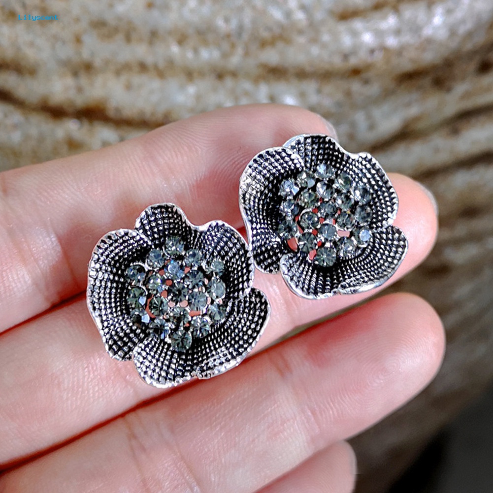 Lilyscent Vintage Wanita Berlian Imitasi Hias Bunga Mawar Bentuk Stud Earrings Perhiasan Hadiah