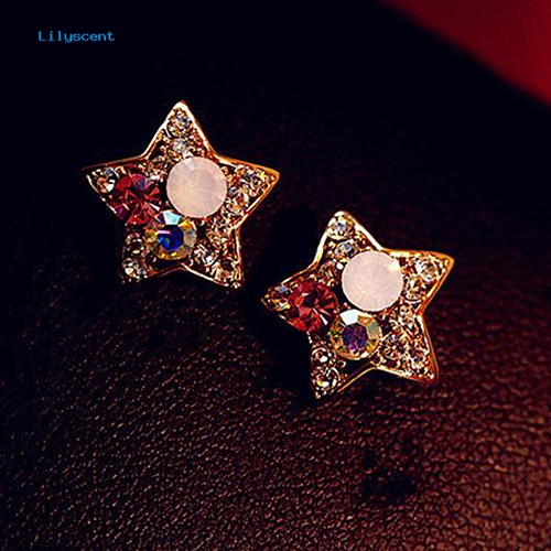 Lilyscent Fashion Wanita Elegan Berlian Imitasi Bentuk Bintang Ear Stud Earrings Perhiasan Pesta