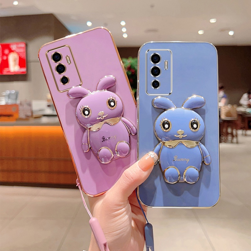 Andyh Case Ponsel Untuk Vivo S10E V23E 4G 5G Kartun Lucu Kelinci Kecil Tepi Lurus Lembut Shell Mengirim lanyard Silikon