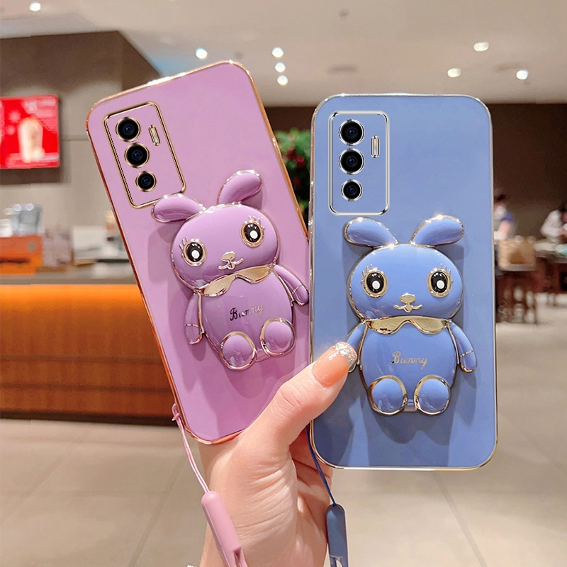 Andyh Case Ponsel Untuk Vivo S10E V23E 4G 5G Kartun Lucu Kelinci Kecil Tepi Lurus Lembut Shell Mengirim lanyard Silikon