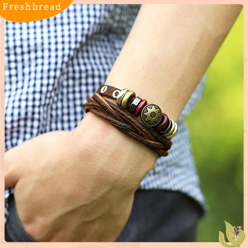 &lt; Freshbread &gt; Pria Vintage Braided Gelang Kulit Punk Bintang Tali Multilayer Warp Cuff Bangle