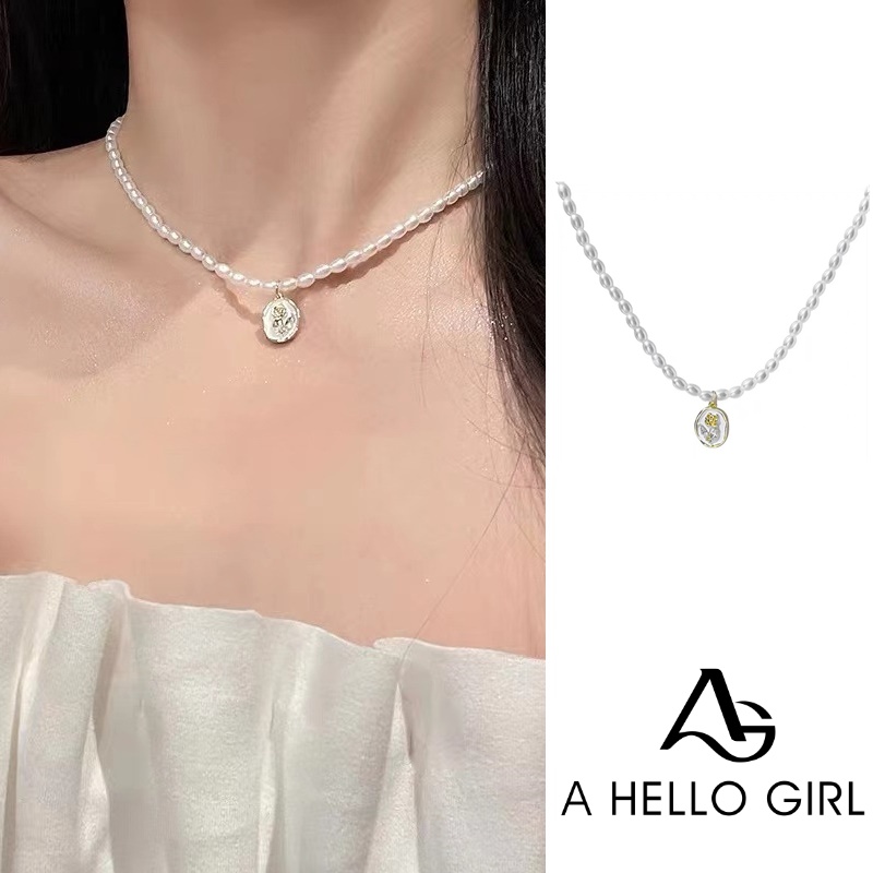 Gaya Korea Temperamen Lembut Mawar Mutiara Kalung Wanita Halo Gadis Perhiasan