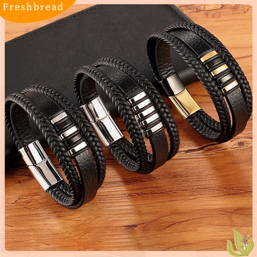 &lt; Freshbread &gt; Pria Gelang Tenun Tangan Multi Layer Tahan Aus Hias Gesper Menghias Pasangan 3lapis Gaya Punk Kulit Imitasi Gelang Pria Perhiasan