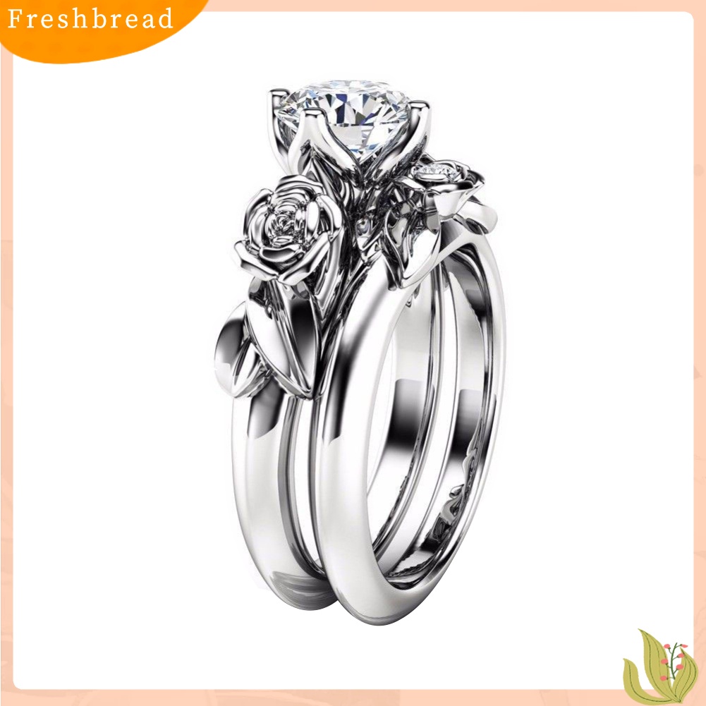 &lt; Freshbread &gt; 2Pcs Fashion Bunga Mawar Cincin Set Berlian Imitasi Wanita Pesta Pertunangan Perhiasan